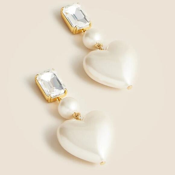 NEW J. Crew Elegant Crystal And Pearl Gold White Heart Drop Earrings - Picture 2 of 8